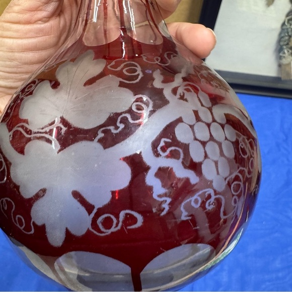 Vintage Ruby Red Bohemian Glass Vase with Grape Vine Design - Picture 5 of 10